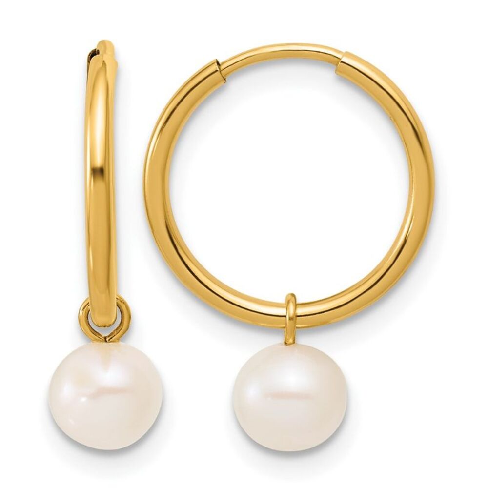 14K Gold Filled 5-6mm Round White FWC Pearl Dangle Hoop Earrings, 14mm